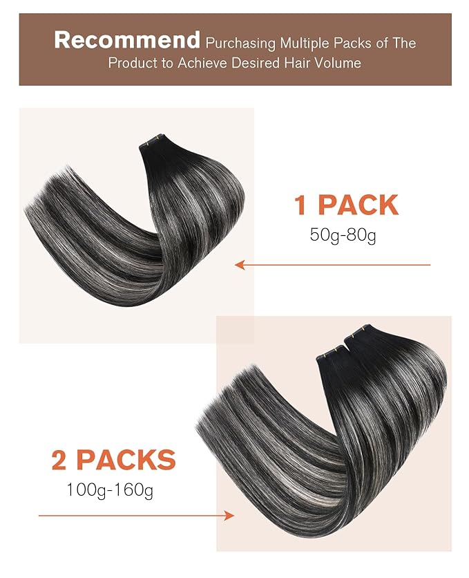 Sunny Hair Genius Weft Hair Extensions Human Hair Bundles Black to Silver Sew in Hair Extensions Straight Hair Extensions Real Human Hair Genius Weft Hand Tied 22 Inch 80G Black Ombre Silver Grey
