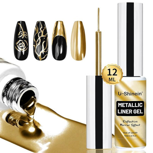 12ml Metallic Painting Gel Liner Nail Art 3D Mirror Chrome Effect Nail Polish Metal Painted Drawing Build in Thin Brush Soak Off UV/LED Gold Striper Gel for Salon Home DIY Manicure