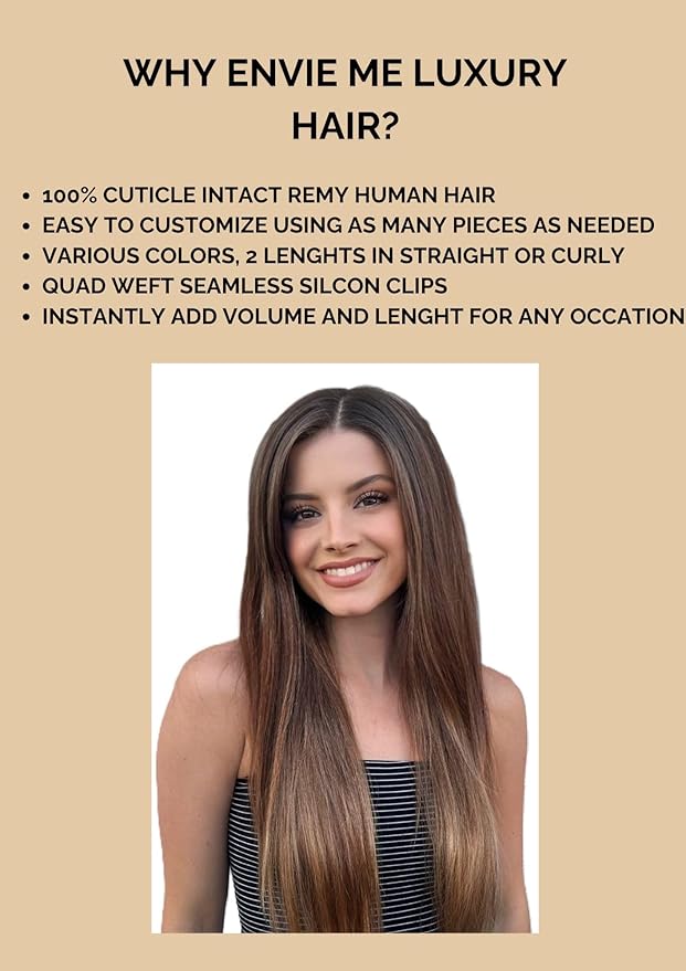 Envie Me Luxury Hair Extensions Remy Cuticle Intact Double Drawn Real Human Hair Seamless-Invisible Clip Deep Wave Curl Human Hair Extensions #2 Dark Chocolate Brown 20 inch 110g 8 pcs