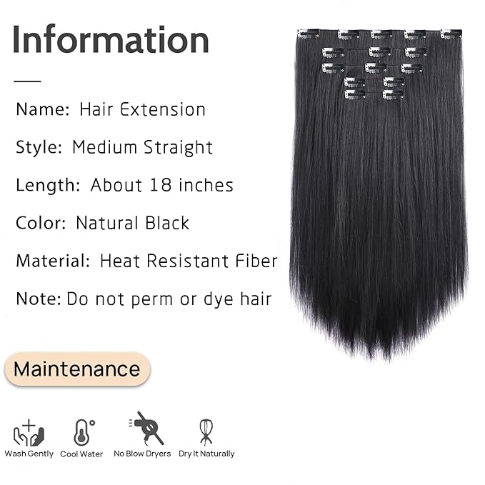 Natural Black Straight Hair Extension Clips 18 Inch Long Invisible Thick Synthetic Clip in Extensions 5PCS Soft and Easy Installation Hairpieces for Women Girls Weddings Party Daily Use 6.5 Oz