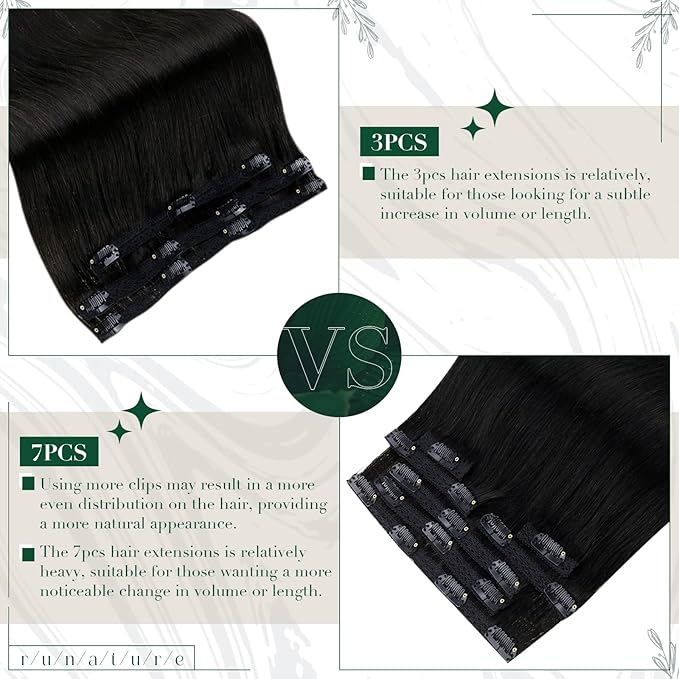 RUNATURE Black Clip in Hair Extensions Human Hair, Double Weft Natural Black Hair Extensions Clip in Human Hair, Real Human Hair Extensions Clip Ins for Women 10 Inch 50g 3pcs #1B Off Black