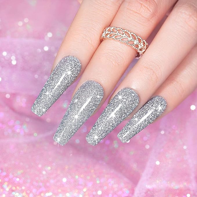 RARJSM Gel Polish Reflective Glitter,Gel Polish Glitter Silver,Flash Diamond Nail Gelpolish Soak off Disco Shimmer Gel Nail Polish UV LED Curing Requires 15ml for Home Salon Diy Nails Manicure