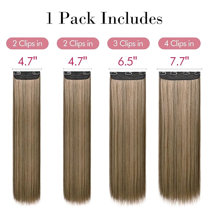 REECHO 24" Straight Long 4 PCS Set Thick Clip in on Hair Extensions Chocolate Brown with Blonde Highlights