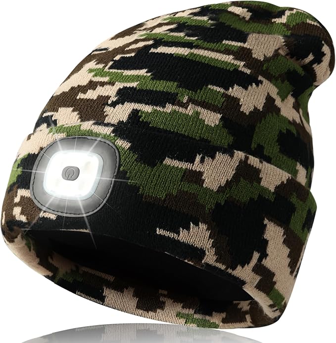 Unisex LED Beanie with Light, Rechargeable Headlamp Hat, Stocking Stuffers Christmas Gifts for Men, Warm Knitted Cap White Elephant Gifts for Dad Adults Teens Men Women Him