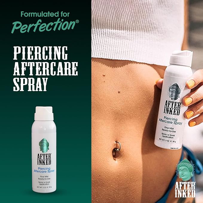 After Inked Piercing Aftercare Spray – Fine Mist, or Soak Application with Saline Solution for Ear, Nose, Belly Button, and Skin Piercings, Cleansing & Moisturizing Solution in Spray Bottle, 3 oz