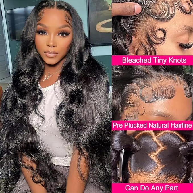 BELE 13x6 Full Lace Front Wigs Human Hair HD Transparent Body Wave Lace Front Wigs Human Hair Pre Plucked Bleached Tiny Knots Full Lace Frontal Wig Upgraded 14A 180 Density Natural Black 30 Inch