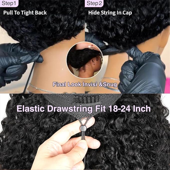 7x6 Burmese Curly Glueless Wigs Human Hair Pre Plucked Pre Cut 250% Density Drawstring Wig Human Hair 7x6 HD Lace Front Wigs Human Hair for Black Women Wear and Go Glueless Wig Natural Color 34inch