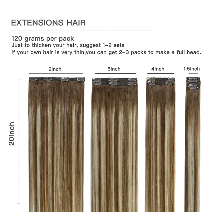 Clip in Hair Extensions Chestnut Brown Balayage to Platinum Blonde Mix Brown Real Human Hair Medium Brown Ombre Hair Extensions Remy Human Hair Clip in Extensions 20Inch 7Pcs 120g