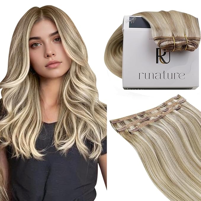 RUNATURE Clip in Extensions Real Human Hair Highlight Hair Extensions Clip Ins, Double Weft Straight Remy Hair, Can Be Styled 14 Inch 50g 3pcs #8P60 Light Brown Highlight Platinum Blonde