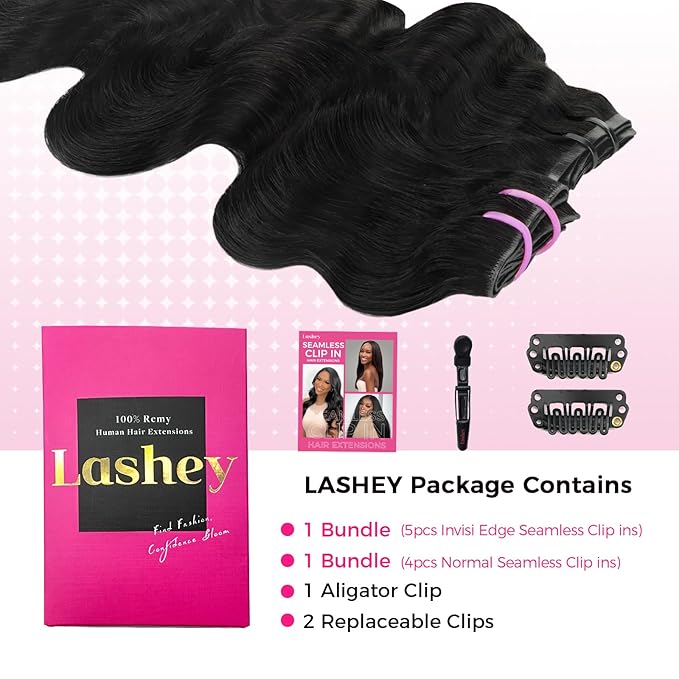 Lashey Invisi Edge & Seamless Clip in Hair Extensions Human Hair, 16 Inch 130g 9pcs(5pcs Invisi Edge& 4pcs Seamless) Real Virgin Human Hair Extensions, Natural Black Body Wave Hair