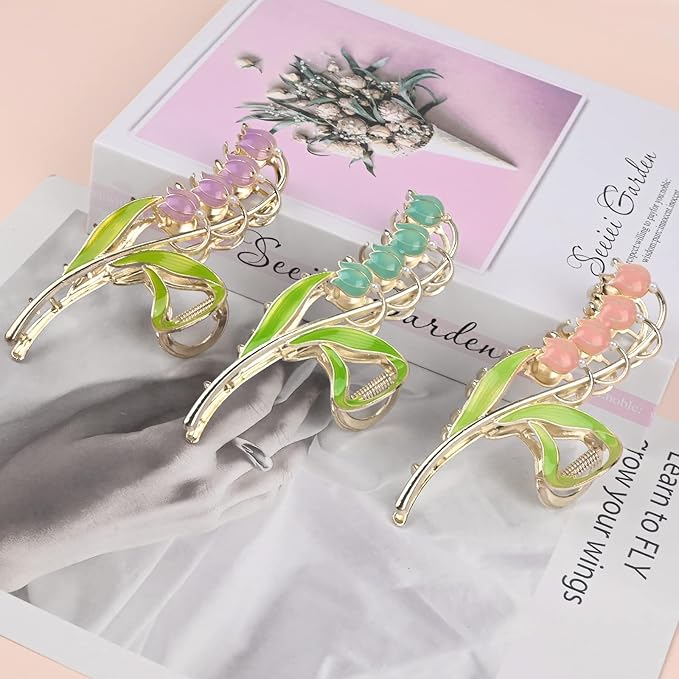 3-Piece Floral Metal Hair Accessories: Lily of the Valley Barrettes, Elegant Strong Hold Non-Slip Clamps for Thin/Medium Hair