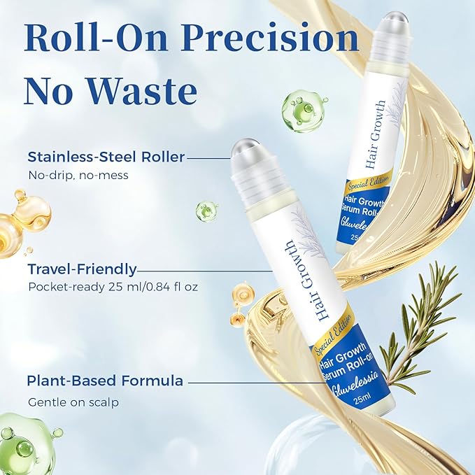 Hair Growth Serum Roll On 25ml/0.84Oz with Saw Palmetto, Rosemary & Pea Extract，Helps Support Thicker, Fuller Hair Appearance, Non-Greasy Hair Loss Support for Men & Women (2pcs)