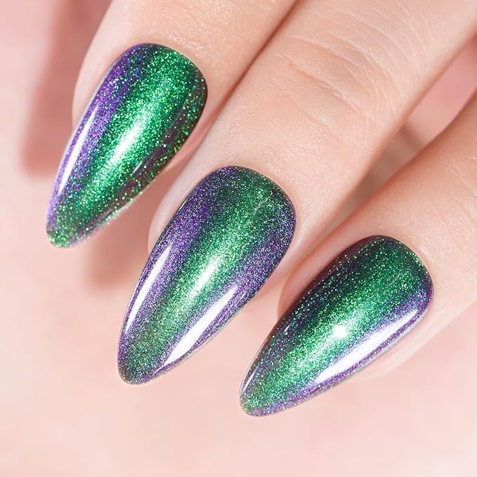 RARJSM Chameleon Multichrome Gel Nail Polish Mermaid Lake Green to Purple Color Changing Glitter Chrome Gel Polish Curing Requires Sparkle Shimmer Nail Gel Varnish Soak Off DIY at Home Salon 15ml