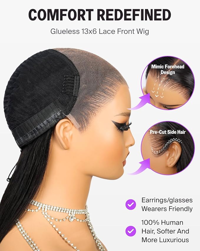 Gluleess 13x6 Lace Front Wig Human Hair 220% Density Straight Wigs Human Hair Pre Plucked Ear-to-Ear HD Lace Front Wig with Drawstring Wig 22 Inch