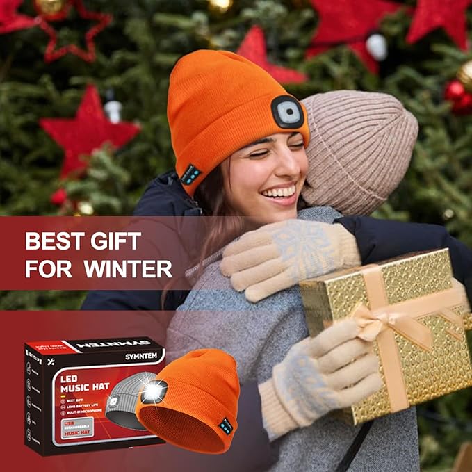 Gifts for Men, Rechargeable Bluetooth Music Unisex Beanie Hat with Light, Stocking Stuffers for Women, Birthday Gifts for Men, for Him, Orange