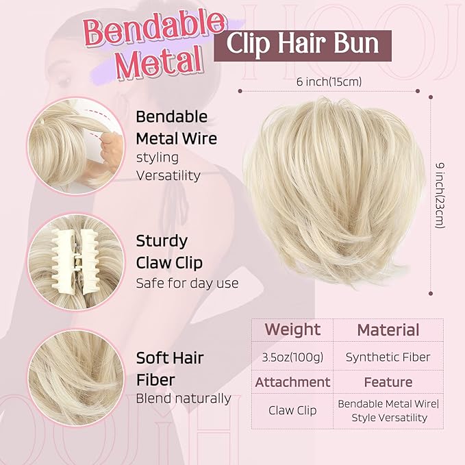 HOOJIH Messy Bun Hair Piece, Claw Clip in Straight Hair Bun 9 Inch Short Ponytail Extension with Bendable Metal Wire Hair Pieces for Women Fake Hair Bun DIY Styles - Cool Light Blonde