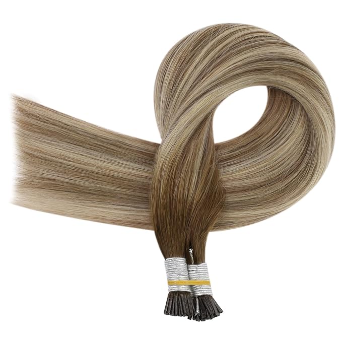 Full Shine I Tip Extensions Remy Hair Color 3 Brown Fading to 8 Ash Brown and 22 Light Blonde Itip Human Hair Extensions 20 Inch Long Extensions add Length 50 Grams