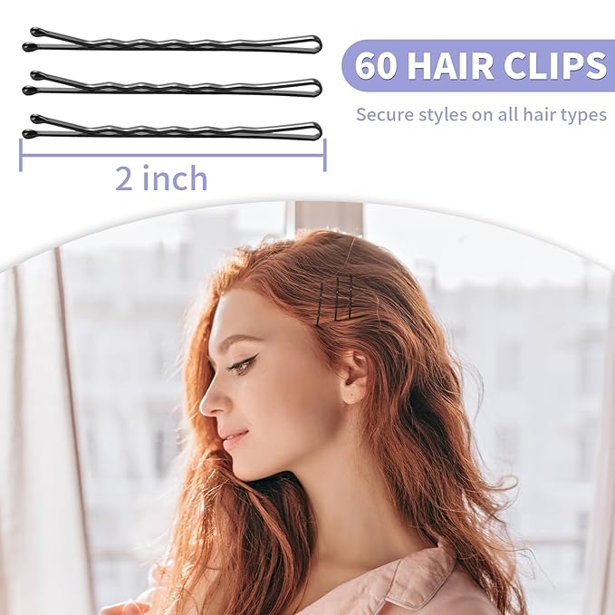 Bobby Pins, Hair Pins 2 Inch 60PCS Crimped Hair Clips for Kids, Girls, and Women, Secure and Easy for All Hair Types, With Ball Tips Design. Hair Accessories for Styling (Black)