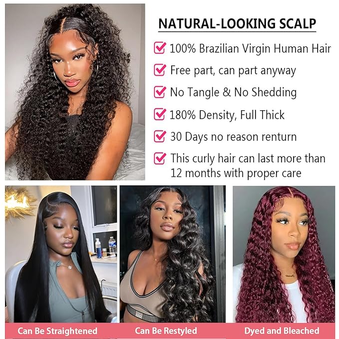 Dianthe 26 Inch Deep Wave Lace Front Wigs Human Hair 180% Density 13x6 HD Transparent Glueless Pre Plucked Deep Curly Wig Wet and Wavy Human Wigs for Women with Baby Hair