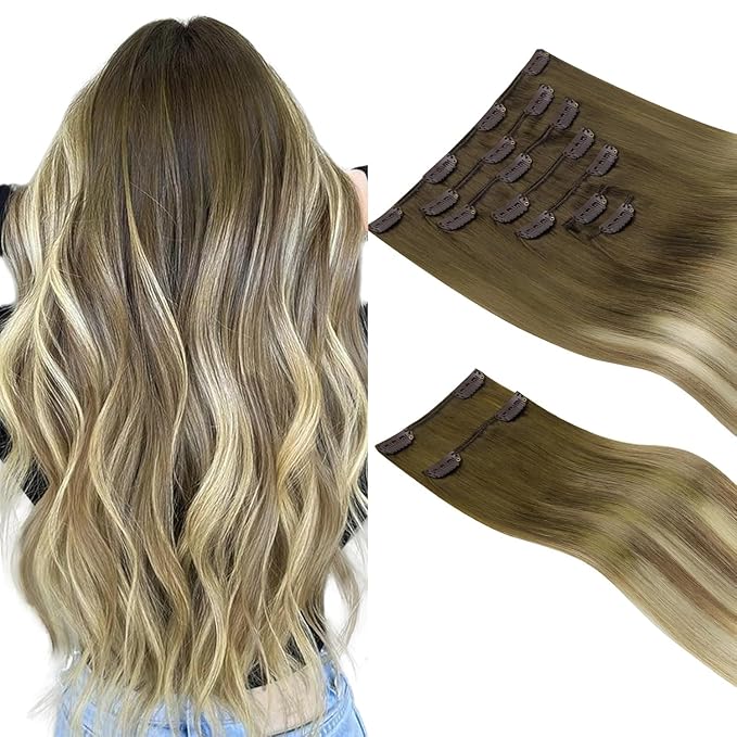 HOTBANANA Clip in Hair Extensions Real Human Hair, 150g 9pcs 24 inch Walnut Brown to Ash Brown and Bleach Blonde Straight Remy Clip in Extensions Full Head for Women
