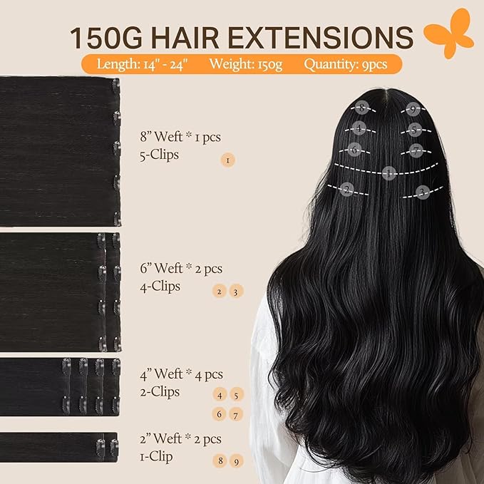 DOORES Human Hair Extensions Clip in, Natural Black 150g 9pcs 24 Inch, Straight Clip in Extensions Natural Remy Thick Weft