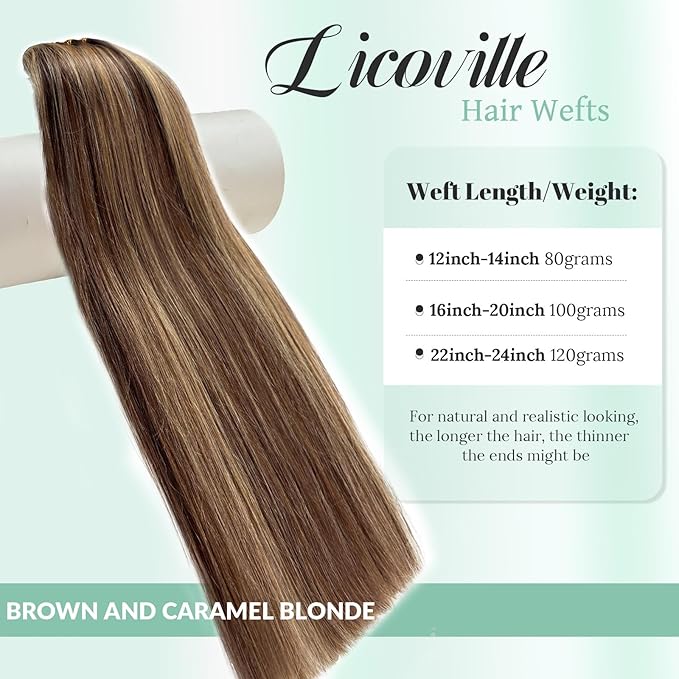 Weft Hair Extensions Real Human Hair P4/27 Medium Brown Mixed Caramel Blonde Highlight Human Hair Extensions Wefts Sew in 22 Inch 120G Double Weft Soft Straight Brown Blonde Sew in Bundles