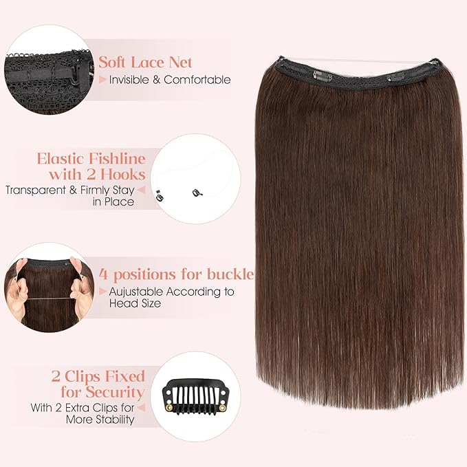 Hairro Wire Hair Extensions Human Hair, Fish Line Invisible Adjustable & Clips in Extensions Straight, 100% Real Hairpieces Seamless Blending for Women, 22 Inch 100g Dark Brown