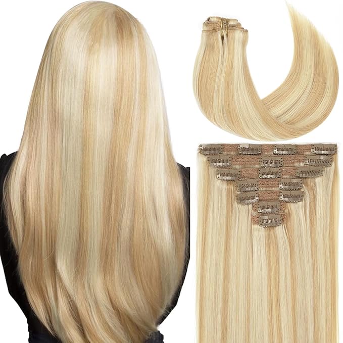 Caliee Human Hair Clip in Hair Extensions P12-60A Light Golden Brown and Highlight Platinum Blonde Clip in Hair Extensions Real Human Hair Silky Straight Double Weft Lace Clip ins 120G 16 Inch