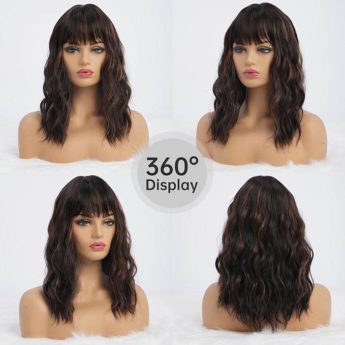 Dark Brown Wigs with Highlights for Women Synthetic 16 inch Medium Length Wigs with Bangs Natural Long Wavy Fringe wig Heat Resistant Hair for Daily Party Use (16 inch)