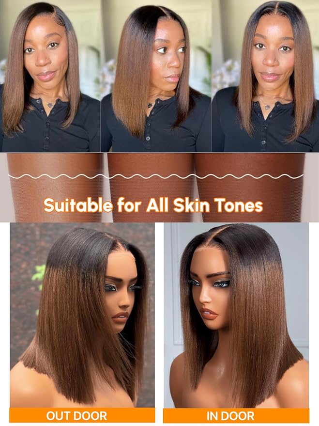 Julia Hair 10 Inch Light Yaki Bob Wigs Human Hair Glueless Bye Bye Knots 7x5 HD Pre Cut Lace Wig Chestnut Brown Ombre Human Hair Lace Closure Pre Plucked Bleached Invisible Knots Natural Hairline