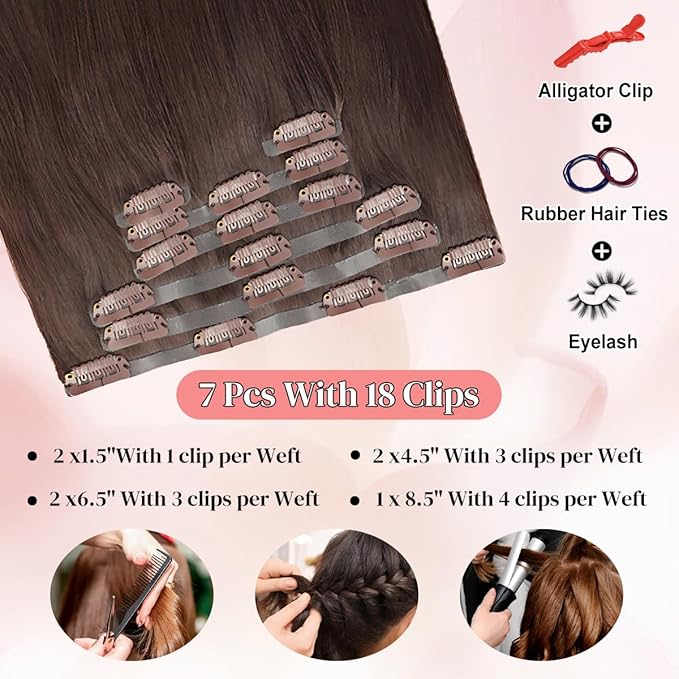 Seamless Clip in Hair Extensions Real Human Hair For Women 125g 20 Inch Medium Brown Invisible PU Skin Weft Remy Human Hair Extensions clip ins 7Pcs 18 Clips