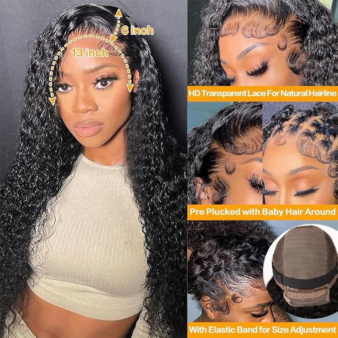 26 Inch Deep Wave Lace Front Wigs Human Hair 13x6 HD Transparent Lace Front Wigs Human Hair 200% Density Deep Curly Glueless Wigs Pre Plucked with Baby Hair for Women