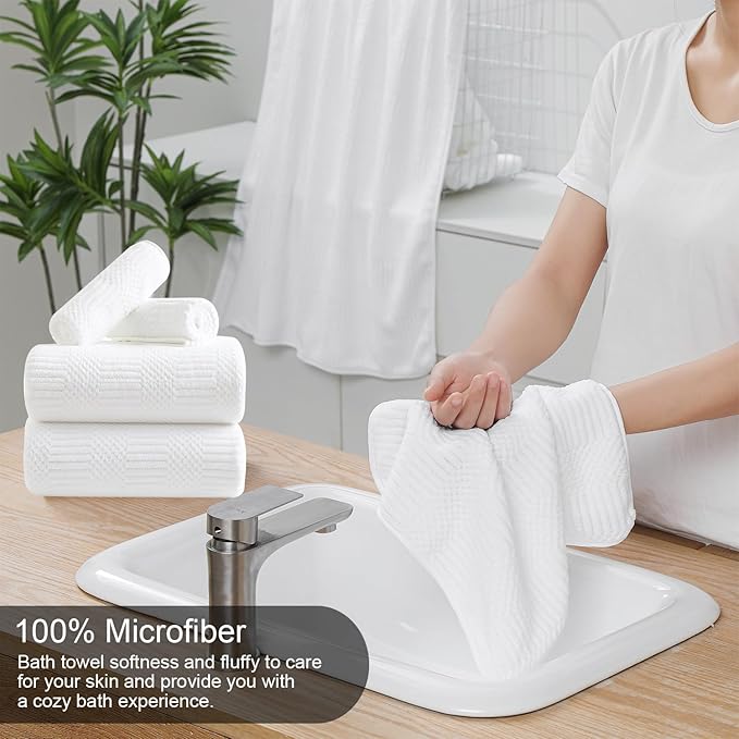 8 Piece Bath Towel Set-2 Oversized Bath Sheets(35"x70"),2 Hand Towels,4 Washcloths-Extra Large Microfiber Towel Sets,Less Lint Highly Absorbent & Quick Dry Bath Towels for Bathroom Gym Pool,White