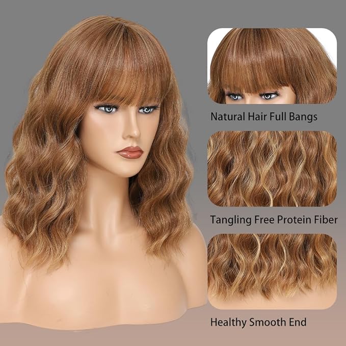 WAVE&BREEZE Honey Brown Mixed Blonde Wig with Bangs Short Curly Bob Wigs for Women 14 Inch Shoulder Length Natural Looking Hair Replacement Wigs for Cosplay Party Use
