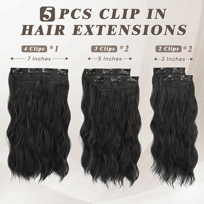 BARSDAR 14 Inch Wavy Clip in Hair Extensions – 5PCS Thick Soft Synthetic Hairpieces – Natural Black Full Head Clip in Hair Extensions for Women – Long Voluminous Easy Wear for Daily Party Halloween