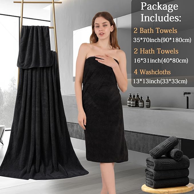 8 Piece Bath Towel Set-2 Oversized Bath Sheets(35"x70"),2 Hand Towels,4 Washcloths-Extra Large Microfiber Towel Sets,Less Lint Highly Absorbent & Quick Dry Bath Towels for Bathroom Gym Pool,Black