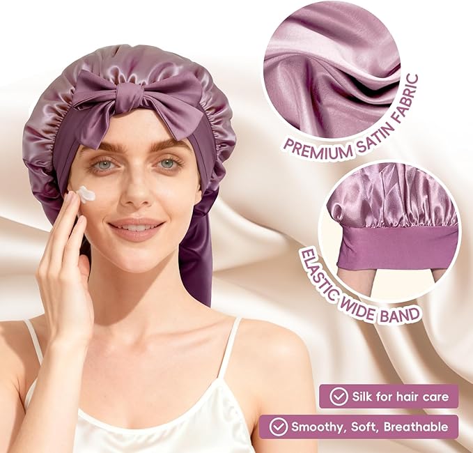 22 Momme 100% Mulberry Silk Bonnet for Sleeping Women, Satin Bonnet Wrap with Soft Tie Elastic Band, Non-Slip Hair Care Bonnet for Long Curly Hair Protection