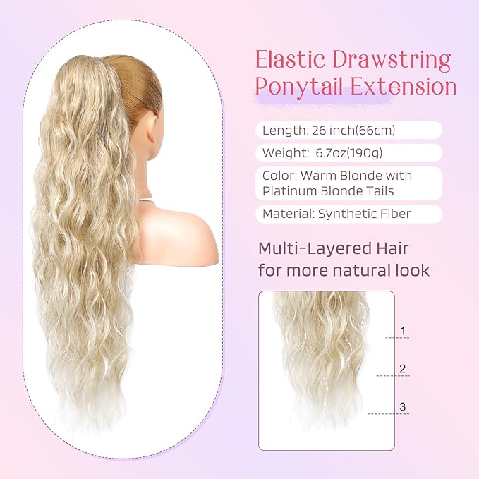 HOOJIH Ponytail Extension, Drawstring Ponytail Hair Extensions 26 Inch Long Curly Wavy Ponytail Natural Wavy Synthetic Hairpiece for Women Daily Use - Warm Blonde with Platinum Blonde Tails