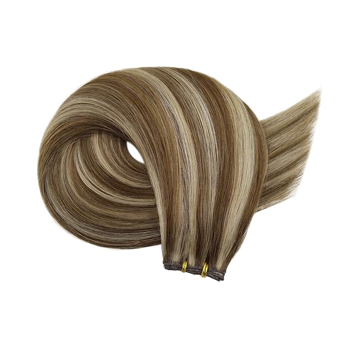 Fshine Real Human Hair Genius Weft Hair Extensions Medium Brown and Caramel Blonde Highlights Sew in Real Human Hair Extensions Highlight Hair Genius Weft Remy Human Hair 18 Inch 50g