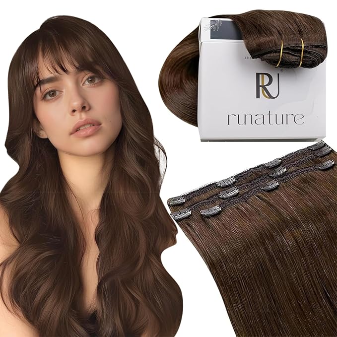 RUNATURE Real Hair Extensions Clip in Human Hair, Brown Clip in Hair Extensions for Women, Double Weft Straight Remy Extensions Natural Soft 16 Inch 50g 3pcs #4 Medium Brown
