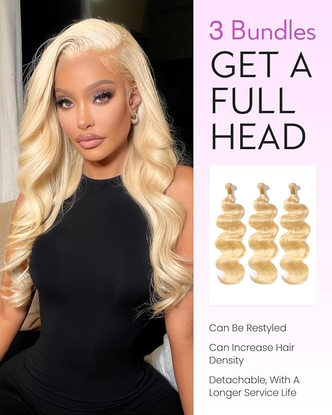 Arabella 613 Body Wave Bundles Human Hair 22 24 26 Inch Blonde Hair 100% Unprocessed Brazilian Virgin Hair 10A Weave Sew in Double Weft Bundles Human Hair 613 Hair Extensions for Women