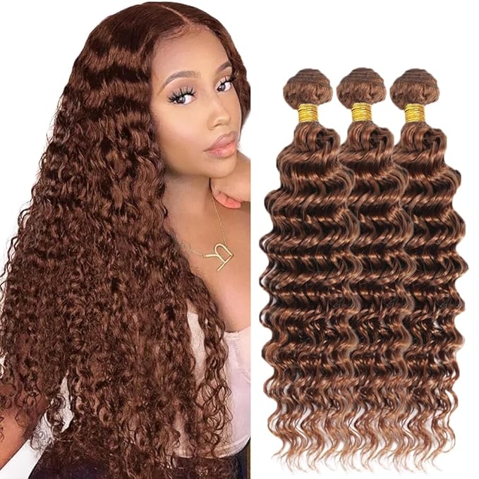 14 16 18 Inch Brown Bundles Human Hair #30 Dark Brown Deep Wave 3 Bundle Unprocessed Brazilian virgin hair Weave Extensions Double Weft 50 Grams/Bundle Colored Brown Bundles for Woman