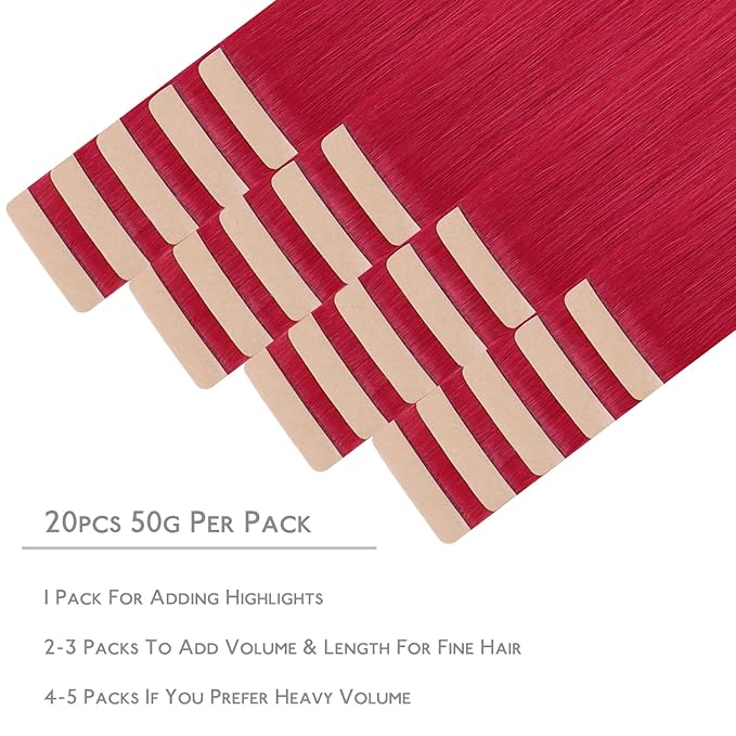 WENNALIFE Tape in Hair Extensions Human Hair, 20pcs 50g 16 inch Red Remy Hair Extensions for Women Tape Ins Straight Extensiones De Cabello Humano Skin Weft