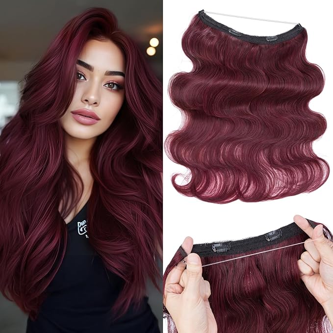 Halo Hair Extensions Real Human Hair,Halo Hair Extension 100% Human Hair,Wire Hair Extensions,Wavy 99J Burgundy Wine Red 65g/16inch