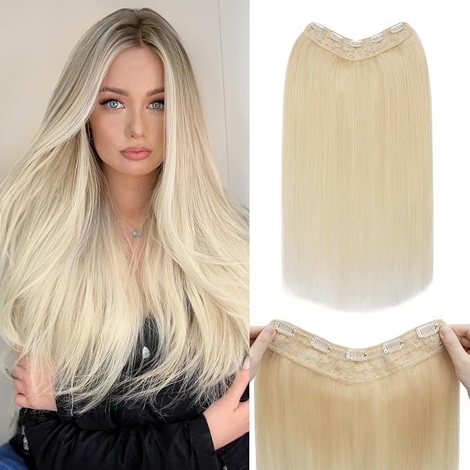 Benehair One Piece 5 Clips in Hair Extensions Human Hair 3/4 Full Head V Shaped Weft Thick Lace Net For Women (20"-70g #60 Platinum Blonde)