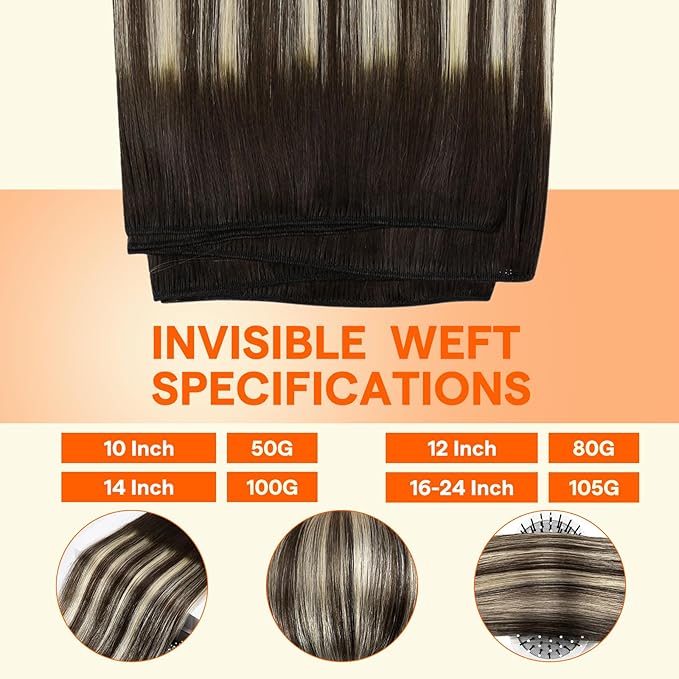 Full Shine Hair Extensions Real Human Hair Sew In Color #2/60/2 Weft Hair Extensions Soft Silky Hair 20 Inch 105G Invisible Weft Extensions Dark Brown Hair