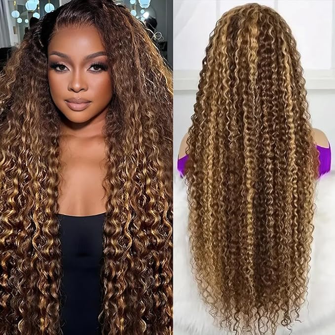 26 Inch Honey Blonde Wig Human Hair 13x6 HD Transparent Ombre Lace Front Wig Human Hair 4/27 Deep Wave Wig Glueless Curly Wigs for Women