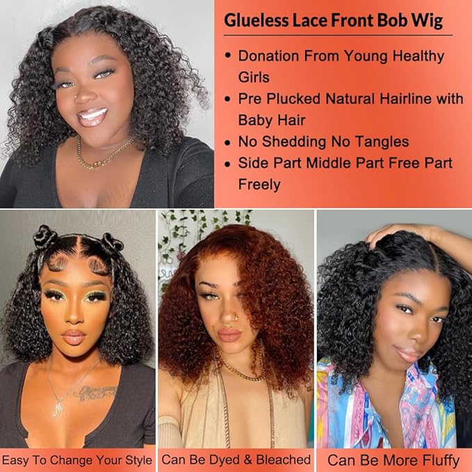 16 Inch HD Curly Lace Front Wig Human Hair Pre Plucked for Black Women Glueless 13x4 Kinky Curly Bob Lace Frontal Wigs Human Hair 150% Density Wet and Wavy Natural Color