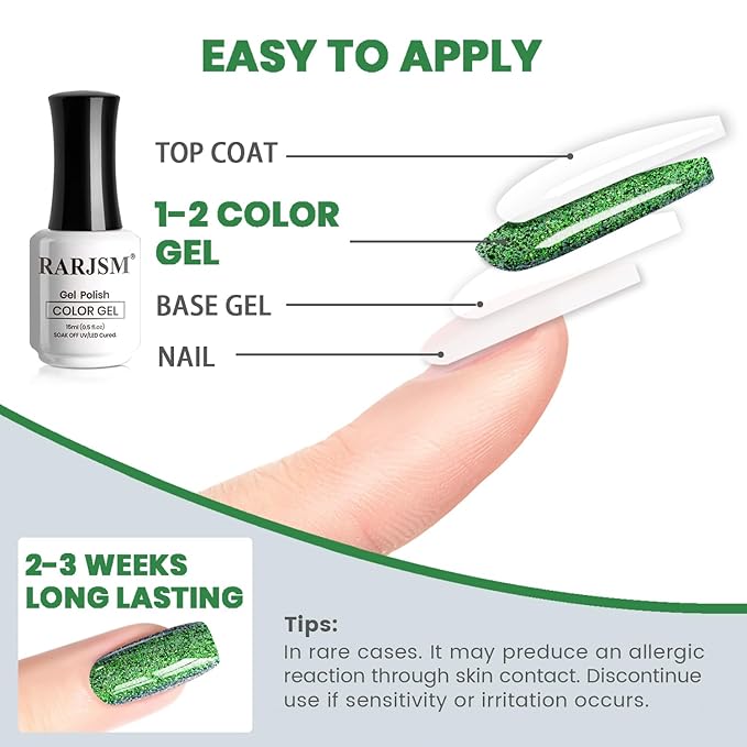 RARJSM Chameleon Gel Nail Polish Green to Purple Multichrome Big Flakes Color Changing Glitter Chrome GelPolish Curing Requires Sparkle Shimmer Nail Gel Varnish Soak Off DIY at Home Salon 15ml