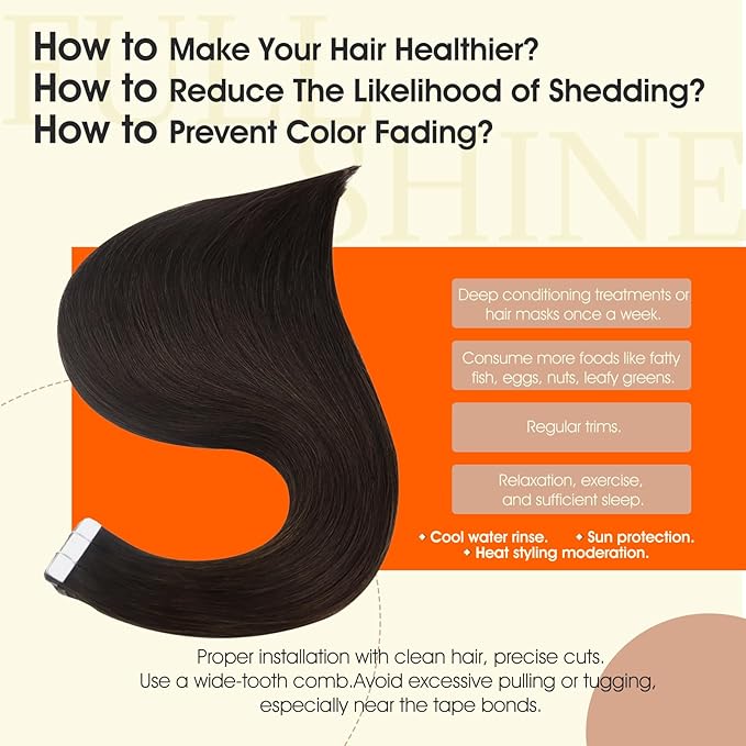 Full Shine Tape in Human Hair Extensions 14Inch Seamless Skin Weft Adhesive Tape Hair Extensions Real Human Hair Color 2 Dark Brown Glue in Remy Human Hair Extension 20Pcs 50g Thick End for Women